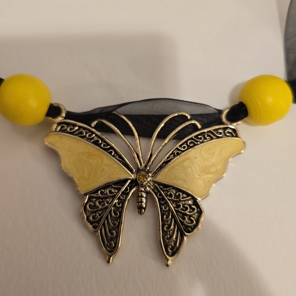HANDCRAFTED Upcycled Black & Yellow Butterfly Necklace Choker HANDMADE Jewelry - Picture 4 of 14
